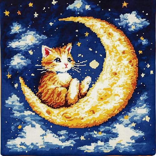 AxiangziK Cartoon-Sternennachtszene 11CT Kreuzstich Kissen Set,Katze auf dem Mond,Stickkissen zum Selbersticken Kreuzstich Kissen zum Basteln Stickkissen mit Vorgedruckt Kreuzstichmotiv,45x45cm von AxiangziK