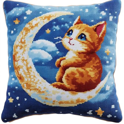 AxiangziK Cartoon-Sternennachtszene Kreuzstich Kissen Set Vorgedruckt,Katze auf dem Mond,Handstickerei Nähkissenbezug Kreuzstich Kissen zum Basteln Stickkissen Stickpackung,18x18in von AxiangziK