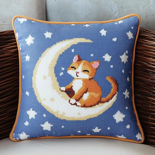 AxiangziK Cartoon-Sternennachtszene Kreuzstichkissen Set,Katze auf dem Mond,Kissenbezug Zum Sticken Kreuzstich Stickkissen mit Muster,11CT Stickset Kreuzstich Kissen,18x18in von AxiangziK