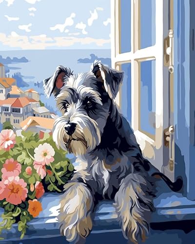 AxiangziK DIY Kreuzstich Stickpackungen Vorgedruckt Tier,Schnauzer Hund liegt am Fenster,Sticken Set Erwachsene Kreuzstich Bild,Wandkunst-Heimdekoration,16x20in von AxiangziK