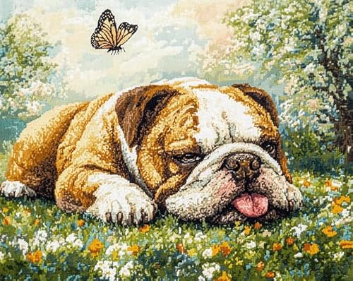 AxiangziK Englische Bulldogge DIY Stickerei Set Erwachsene Anfänger Kinder 11CT,Hunde- und Schmetterlingswiese,stickbilder cross stitch set,Kreuzstich Stickpackungen,40x50cm von AxiangziK