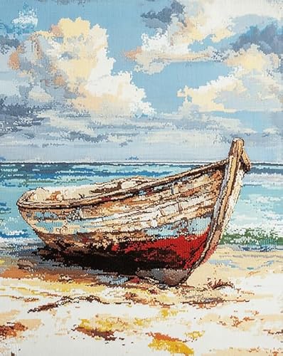 AxiangziK Erwachsene Stickerei Kreuzstich 11CT,Kleines Holzboot am Strand,Vorgedruckte Leinwand Kreuzstich Set AnfäNger Stickbilder,für Wandkunst-Heimdekoration,40x50cm von AxiangziK