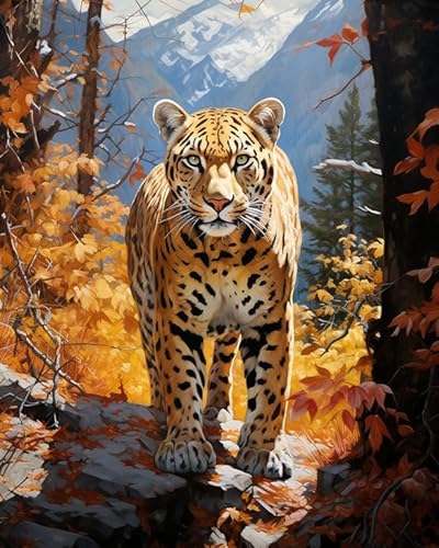 AxiangziK Herbstwald-Schneeszene stickbilder vorgedruckt kreuzstich,Tier Leopard,11CT kreuzstich stickpackungen DIY Kreuzstichset als Geschenk,40x50cm von AxiangziK