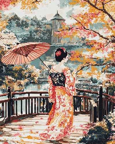 AxiangziK Japanischer Stil Cross Stitch Embroidery Kit,Frau auf der Brücke,DIY Stickerei Set Erwachsene Anfänger Kinder,11CT Kreuzstich Set Vorgedruckt,40x50cm von AxiangziK