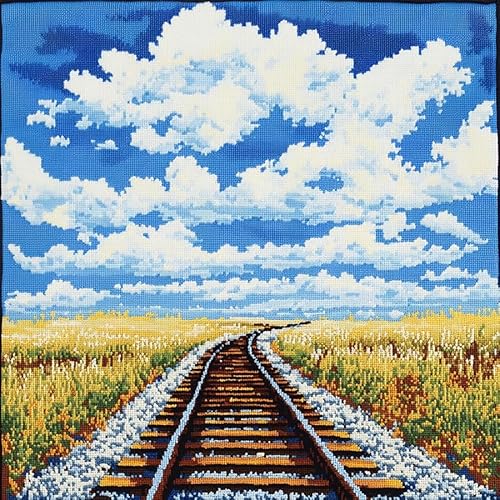 AxiangziK Landschaft 11CT Kreuzstich Kissen Set,Bahngleise unter blauem Himmel,Stickkissen zum Selbersticken Kreuzstich Kissen zum Basteln Stickkissen mit Vorgedruckt Kreuzstichmotiv,45x45cm von AxiangziK