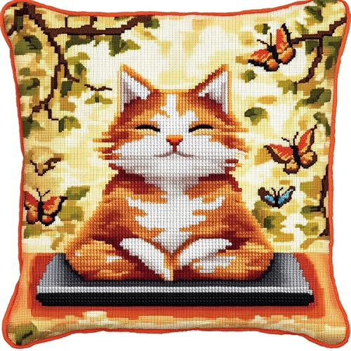 AxiangziK Landschaft 11CT Kreuzstich Kissen Set,Katze sitzt im Garten,Stickkissen zum Selbersticken Kreuzstich Kissen zum Basteln Stickkissen mit Vorgedruckt Kreuzstichmotiv,45x45cm von AxiangziK