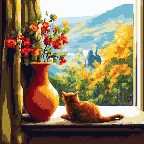 AxiangziK Landschaft DIY Kreuzstichkissen,Vase und Katze auf der Fensterbank,Stickset,Kissenbezug,Stickset Anfänger Bastelsets für Erwachsene,Stickkissen,Handstickerei,18x18in von AxiangziK