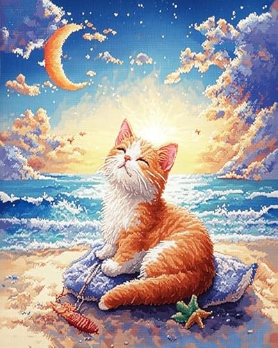 AxiangziK Landschaft Erwachsene Stickerei Kreuzstich 11CT,eine Katze am Strand,Vorgedruckte Leinwand Kreuzstich Set AnfäNger Stickbilder für Wandkunst-Heimdekoration,40x50cm von AxiangziK