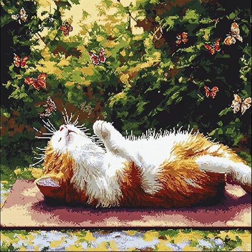 AxiangziK Landschaft Kissenbezug mit Kreuzstich 11CT,Katze sitzt im Garten,abnehmbarer bestickter Kissenbezug mit verstecktem Reißverschluss,DIY Bastelset Erwachsene,45x45cm von AxiangziK