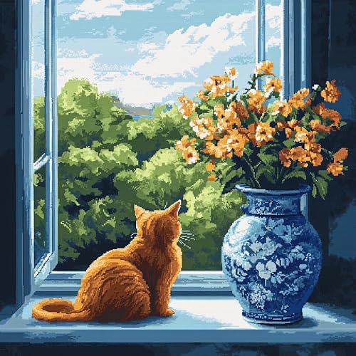 AxiangziK Landschaft Kissenbezug mit Kreuzstich 11CT,Vase und Katze auf der Fensterbank,abnehmbarer bestickter Kissenbezug mit verstecktem Reißverschluss,DIY Bastelset Erwachsene,18x18in von AxiangziK