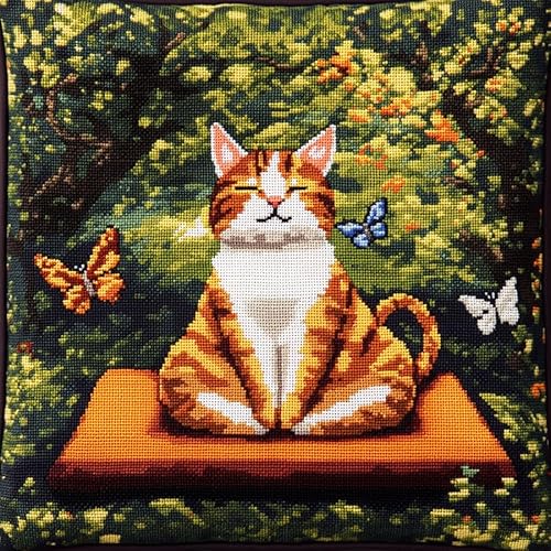 AxiangziK Landschaft Kreuzstich Kissen Set Vorgedruckt,Katze sitzt im Garten,Handstickerei Nähkissenbezug Kreuzstich Kissen zum Basteln Stickkissen Stickpackung,18x18in von AxiangziK