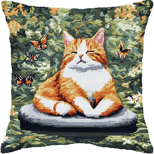 AxiangziK Landschaft Kreuzstich Kissen Vorgedruckt,Katze sitzt im Garten,11CT Stickset für Kreuzstichkissen,Stickset Zum Dekorieren Handstickerei Kissenbezug Set,45x45cm von AxiangziK