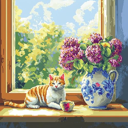 AxiangziK Landschaft Kreuzstich-Kissenbezug,Vase und Katze auf der Fensterbank,Stickmuster 11CT Stickset für Kreuzstichkissen,handgemachter dekorativer Kissenbezug,18x18in von AxiangziK