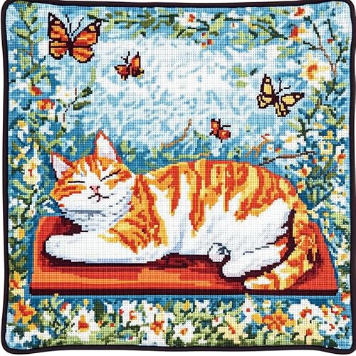 AxiangziK Landschaft Kreuzstich Set Vorgedruckt,Katze sitzt im Garten,Gobelin Stickbilder Kreuzstich Kissen Set Stickkissen Kreuzstichkissen/Stickkissen-Set,18x18in von AxiangziK