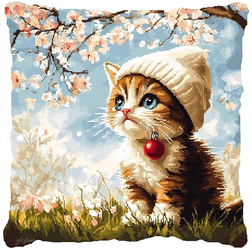 AxiangziK Landschaft Kreuzstich Set Vorgedruckt,Katze unter dem Kirschblütenbaum,Gobelin Stickbilder Kreuzstich Kissen Set Stickkissen Kreuzstichkissen/Stickkissen-Set,45x45cm von AxiangziK