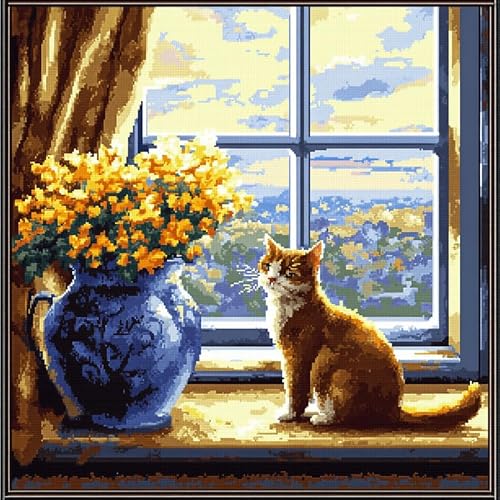 AxiangziK Landschaft Kreuzstich Set Vorgedruckt,Vase und Katze auf der Fensterbank,Gobelin Stickbilder Kreuzstich Kissen Set Stickkissen Kreuzstichkissen/Stickkissen-Set,45x45cm von AxiangziK