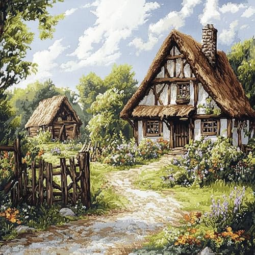 AxiangziK Landschaft Stickerei-Set Kreuzstich 11CT,Landhütte,DIY Stickerei Set Erwachsene Anfänger Kinder,Cross Stitch Kit,16x16in von AxiangziK