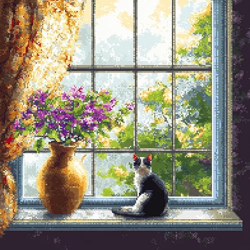 AxiangziK Landschaft Stickset,Kissenbezug,Kreuzstich Kissen,Vase und Katze auf der Fensterbank,Stickkissen mit Muster Stickset Kreuzstich Kissen zum Basteln Stickkissen Stickpackung,45x45cm von AxiangziK