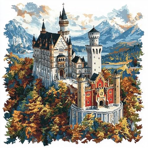 AxiangziK Landschaft Stickset Für Anfänger Kreuzstichset,Retro-Schloss im Wald,Kreuzstichsets Stick-Starter-Sets Für Anfänger,DIY-Heimdekoration,16x16in von AxiangziK