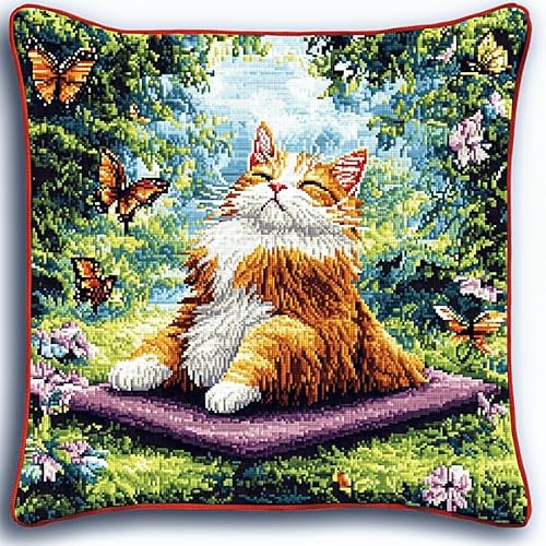 AxiangziK Landschaft Stickset Kreuzstich Kissen Set Vorgedruckt,Katze sitzt im Garten,Stickset Anfänger Bastelsets für Erwachsene,Stickkissen,Handstickerei-DIY,45x45cm von AxiangziK