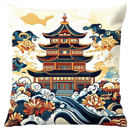 AxiangziK Landschaft im chinesischen Stil Stickset,Kissenbezug,Kreuzstich Kissen,Parkblumenturm, Stickkissen mit Muster Stickset Kreuzstich Kissen zum Basteln Stickkissen Stickpackung,18x18in von AxiangziK