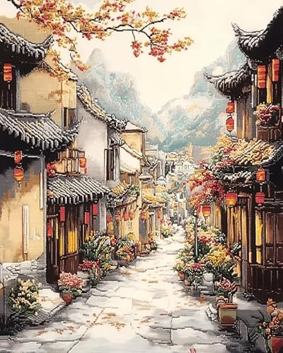 AxiangziK Landschaft im chinesischen Stil stickbilder vorgedruckt kreuzstich,Retro-Stadtstraße,11CT kreuzstich stickpackungen DIY Kreuzstichset als Geschenk,40x50cm von AxiangziK