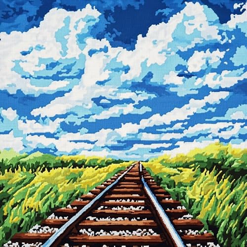 AxiangziK Landschaft kreuzstich kissen set vorgedruckt,Bahngleise unter blauem Himmel,Stickset 11CT Kreuzstich Kissen zum Basteln Stickkissen Stickpackung,18x18in von AxiangziK