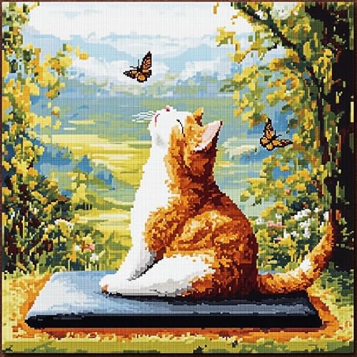 AxiangziK Landschaft kreuzstich kissen set vorgedruckt,Katze sitzt im Garten,Stickset 11CT Kreuzstich Kissen zum Basteln Stickkissen Stickpackung,18x18in von AxiangziK