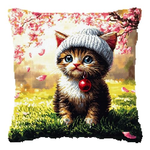 AxiangziK Landschaft kreuzstich kissen set vorgedruckt,Katze unter dem Kirschblütenbaum,Stickset 11CT Kreuzstich Kissen zum Basteln Stickkissen Stickpackung,45x45cm von AxiangziK