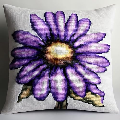 AxiangziK Lila Blumen DIY knüpfen set erwachsene knüpfkissen,Eine Gänseblümchenblume,Knüpfhaken-Kissen-Set,bedruckte Leinwand für Anfänger,Stickerei,Bastelkissen,17x17in von AxiangziK