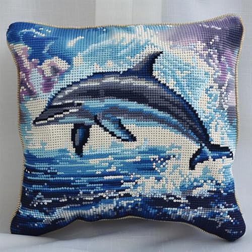 AxiangziK Meerestiere 11CT Kreuzstich Kissen Set,süßer Delphin,Stickkissen zum Selbersticken Kreuzstich Kissen zum Basteln Stickkissen mit Vorgedruckt Kreuzstichmotiv,45x45cm von AxiangziK