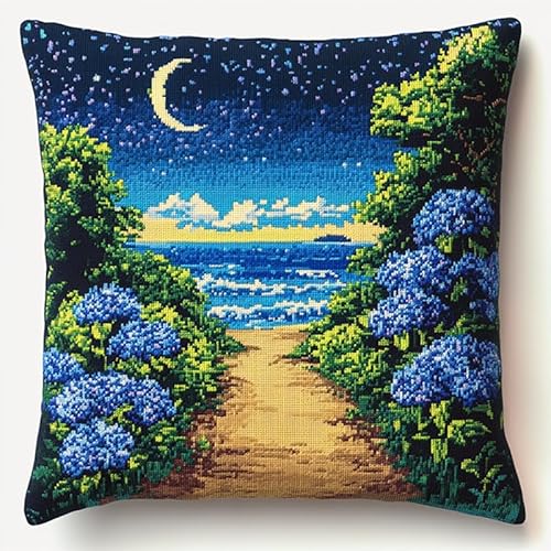 AxiangziK Nachtansicht 11CT Kreuzstich Kissen Set,Hortensien blühen am Meer,Stickkissen zum Selbersticken Kreuzstich Kissen zum Basteln Stickkissen mit Vorgedruckt Kreuzstichmotiv,45x45cm von AxiangziK