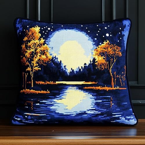 AxiangziK Nachtansicht 11CT Kreuzstich Kissen Set,Waldsee,Stickkissen zum Selbersticken Kreuzstich Kissen zum Basteln Stickkissen mit Vorgedruckt Kreuzstichmotiv,45x45cm von AxiangziK