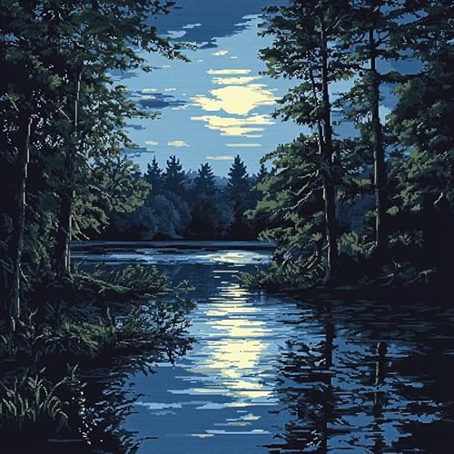 AxiangziK Nachtansicht Kreuzstich Kissen Set Vorgedruckt,Waldsee,Handstickerei Nähkissenbezug Kreuzstich Kissen zum Basteln Stickkissen Stickpackung,18x18in von AxiangziK