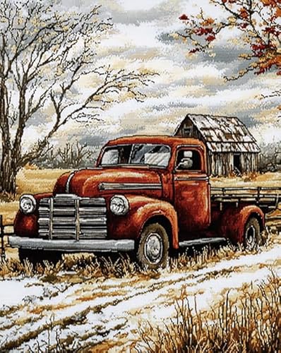 AxiangziK Retro-LKW-Auto Erwachsene Stickerei Kreuzstich 11CT,Bauernhof-Feld-Landschaft,Vorgedruckte Leinwand Kreuzstich Set AnfäNger Stickbilder für Wandkunst-Heimdekoration,40x50cm von AxiangziK