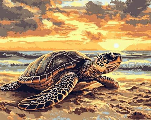 AxiangziK Schildkröte am Strand Cross Stitch Embroidery Kit,Sonnenuntergangslandschaft,DIY Stickerei Set Erwachsene Anfänger Kinder,11CT Kreuzstich Set Vorgedruckt,40x50cm von AxiangziK