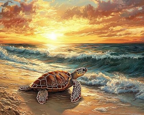 AxiangziK Schildkröte am Strand Kreuzstich Stickpackungen Vorgedruckt Set,Sonnenuntergangslandschaft,Sticken Starter Set FüR Erwachsene AnfäNger,11CT Cross Stitch Kit,40x50cm von AxiangziK