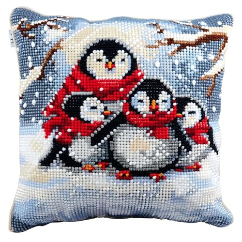 AxiangziK Tier 11CT Stickpackung Kissenhülle,süßer Pinguin,vorgezeichnet komplettes Stickset mit Stickvorlage Stickerei-Kit zum Selbersticken Erwachsene,45x45cm von AxiangziK