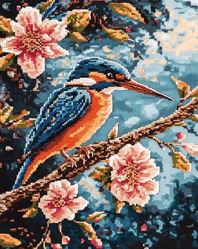 AxiangziK Tier Eisvogel Cross Stitch Kits for Adults,Embroidery Kit 11CT,wunderschöne Blumen,DIY Embroidery Crafts for Needle Point Starter Kit Home Decor Gift,40x50cm von AxiangziK