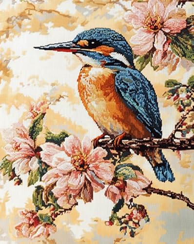 AxiangziK Tier Eisvogel DIY Cross Stitch Kit,Complete Range of Pre-Printed Starter Kits for Beginners,wunderschöne Blumen,Embroidery Kits for Wall Art Home Decoration,40x50cm von AxiangziK