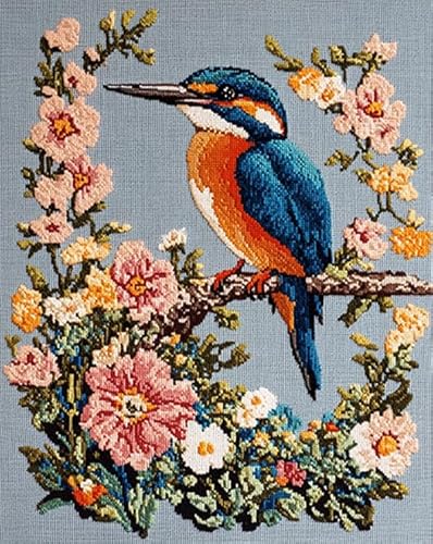 AxiangziK Tier Eisvogel Embroidery Starter Kits for Adults Beginners,wunderschöne Blumen,DIY Cross Stitch Kit 11CT Stamped Embroidery Kit Craft Lover Hand Embroidery Practice Kit,40x50cm von AxiangziK