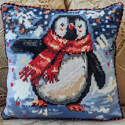 AxiangziK Tier Kissenbezug mit Kreuzstich 11CT,süßer Pinguin,abnehmbarer bestickter Kissenbezug mit verstecktem Reißverschluss,DIY Bastelset Erwachsene,45x45cm von AxiangziK