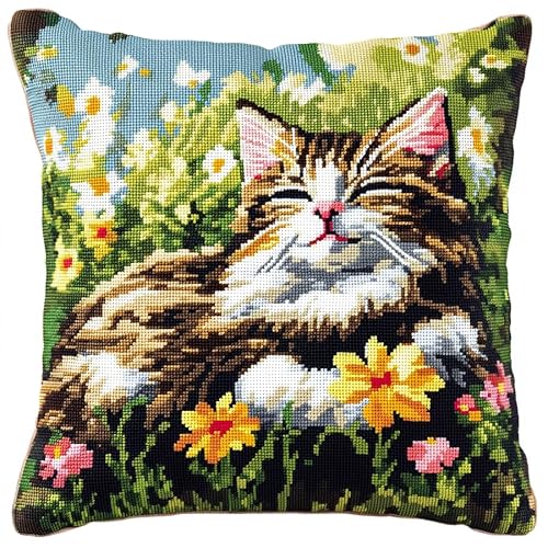 AxiangziK Tier Kreuzstich Kissen Set Vorgedruckt,Katze zwischen Blumen,Handstickerei Nähkissenbezug Kreuzstich Kissen zum Basteln Stickkissen Stickpackung,18x18in von AxiangziK