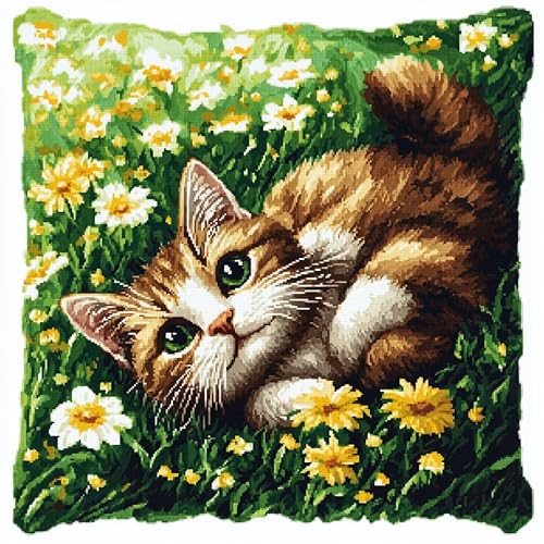 AxiangziK Tier Kreuzstich Kissen Vorgedruckt,Katze zwischen Blumen,11CT Stickset für Kreuzstichkissen,Stickset Zum Dekorieren Handstickerei Kissenbezug Set,45x45cm von AxiangziK