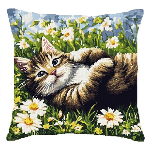 AxiangziK Tier Stickset Kreuzstich Kissen Set Vorgedruckt,Katze zwischen Blumen,Stickset Anfänger Bastelsets für Erwachsene,Stickkissen,Handstickerei-DIY,45x45cm von AxiangziK