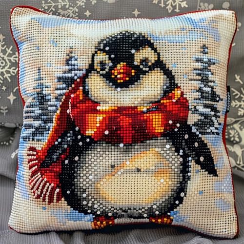 AxiangziK Tier Stickset für Kissen,süßer Pinguin,Kissenbezug aus 11-fädigem Kreuzstichstoff,handgemachte Handarbeit,Heimdekoration,18x18in von AxiangziK