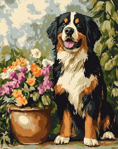 AxiangziK Tierhund Cross Stitch Embroidery Kit 11CT,Blumentopf für Berner Sennenhund,DIY Stickerei Set Erwachsene Anfänger Kinder,Kreuzstich Set Vorgedruckt,40x50cm von AxiangziK