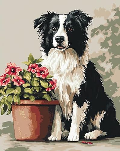 AxiangziK Tierhund DIY Cross Stitch Kit,Complete Range of Pre-Printed Starter Kits for Beginners 11CT,Border-Collie-Blumentopf,Embroidery Kits for Wall Art Home Decoration,40x50cm von AxiangziK