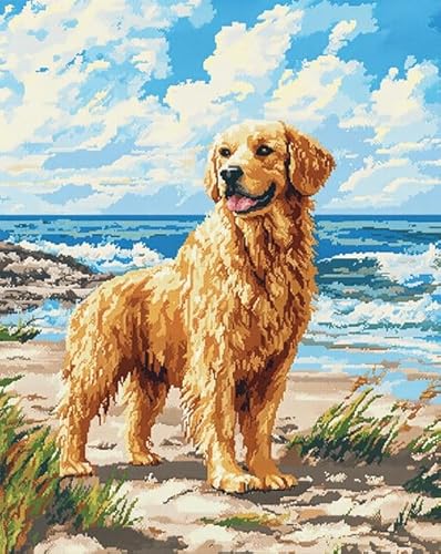 AxiangziK Tierhund DIY Cross Stitch Kit,Complete Range of Pre-Printed Starter Kits for Beginners 11CT,Golden Retriever Strandlandschaft,Embroidery Kits for Wall Art Home Decoration,40x50cm von AxiangziK