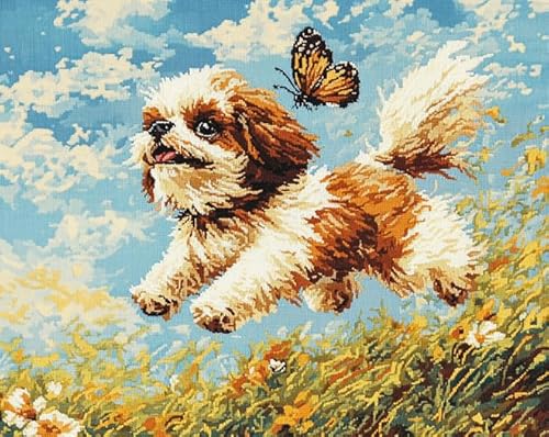 AxiangziK Tierhund DIY Kreuzstichset 11CT,Shih Tzu und Schmetterling,stickerei set anfänger mit kreuzstich,stickbilder vorgedruckt kreuzstich,40x50cm von AxiangziK